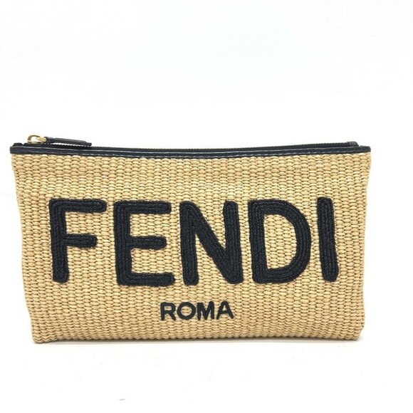 Fendi Handbags - FENDI 8N0149 straw logo Pouch Clutch bag Raffia / Leather Beige/Black